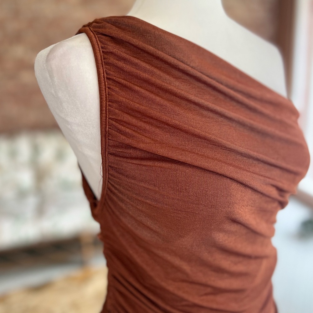 Mable Bodycon Dress Ruched One Shoulder S Asymmetrical Rust Glam Cocktail Party - Picture 13 of 15